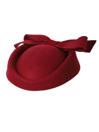 Wool Felt Vintage Fascinator Winter Women Elegant Pillbox Hat Bowknot Derby Church Hat Retro Fedoras - color: Wine Red