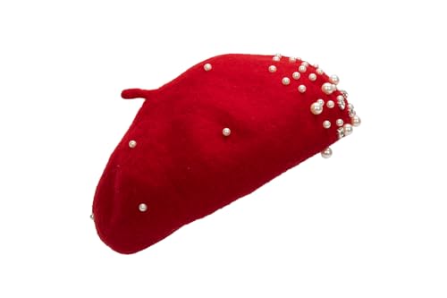 Women Wool Beret Hat, Classic French Artist Hat, Winter Warm Hat for Ladies - color: Red and Rhinestone
