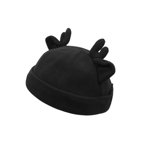 Beanie Hats for Women Men Brimless Skullcap Docker Cap with Reindeer Antlers Rolled Cuff Retro Adjustable Sailor Cap - color: Black