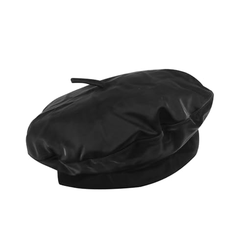 Women Classic PU Leather French Beret Beanie Hat Pumpkin Cap - color: Black(patent Pu)