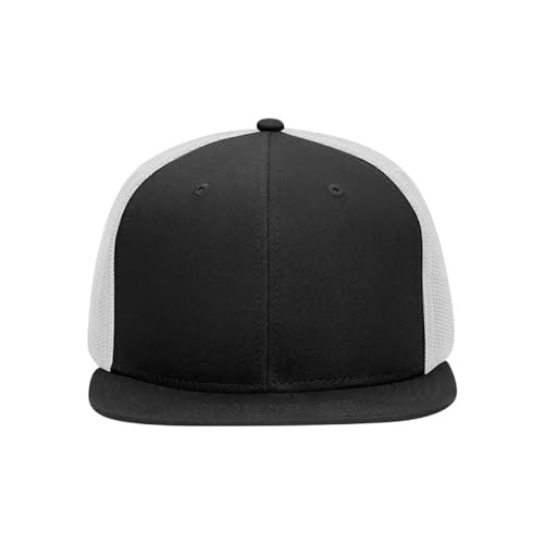 Ashen Fane 6 Panel Mid Profile Mesh Back Structured Trucker Adjustable Snapback Hat - color: Blk/Blk/Wht