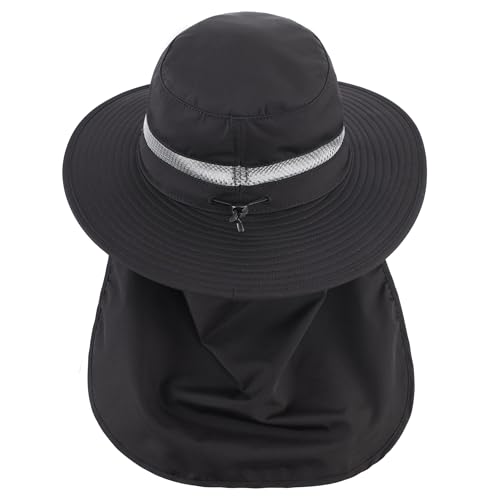 Connectyle UPF 50+ Wide Brim Sun Hat for Men Women UV Protection Fishing Hat with Neck Flap Outdoor Safari Bucket Hiking Hats - color: Black