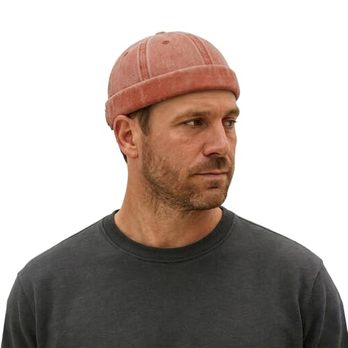 Sailor Brimless Skull Hat, Washed Cotton Docker Hat for Men Vintage - color: Orange