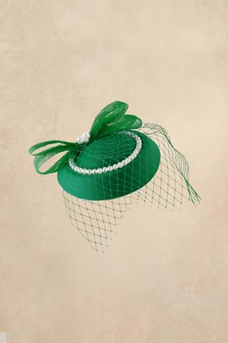 BABEYOND Pearl Fascinators Hats for Women Veil Pillbox Tea Party Derby Hat - color: Green