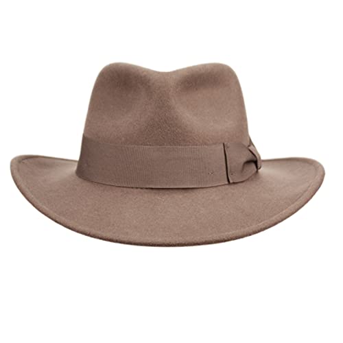 EPOCH Men's Wool Felt Outback Fedora with Grosgrain or Faux Leather Band - color: He01-khaki, size: Large-X-Large