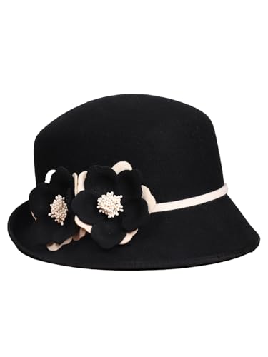 HIMESPORT Women's Black White Wool Felt Cloche Hat with Flower Formal Church Tea Party Dress Cocktail Rolling Brim Hats - color: Black