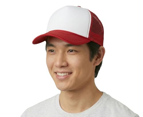 NYFASHION101 Plain Mesh Trucker Hat - Breathable 6-Panel Daily Snapback Cap, Customizable Ideal for DIY Embroidery & Patches - color: Red/White