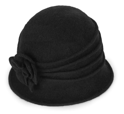1920s Wool Cloche Hat for Women - Soft Bowler Winter Bucket Hats Crushable - color: Black Style