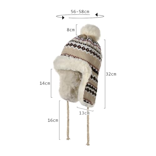 XGOPTS Women Winter Faux Fur Trapper Hat Warm Fleece Lined Beanie Cap Furry Pom Jacquard Knited Hats Knit Cossack Russian Hat - color: Beige