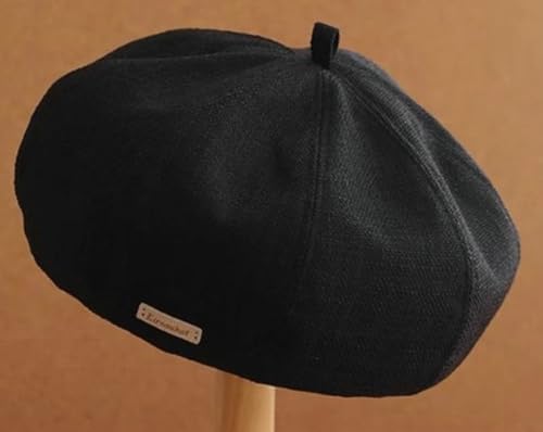 Women's Cotton Linen Beret Hat Vintage French Breathable Slouchy Beanie Cap Casual Painters Hat for Spring Summer - color: Black