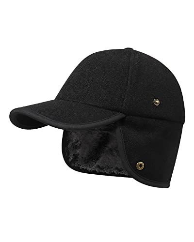 Gisdanchz Faux Fur Linen Wool Blend Baseball Cap with Folding Ear Flap, Super Warm Winter Cap for Cold Weather - color: Black