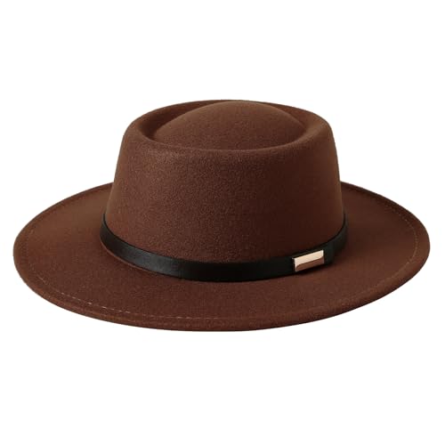 Lanzom Women Vintage Wide Brim Warm Wool Fedora Hat Belt Panama Hat Felt Jazz Hat - color: A-coffee