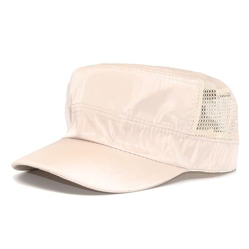 Military Style Cadet Cap with Mesh Side Panels, Adjustable Strap - color: Beige