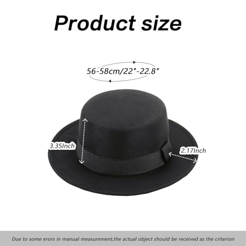 Classic Black Fashion Fedora Flat Hat Elegant Jazz Hats Brim Church Derby Cap for Head Circumference 22-22.8inch