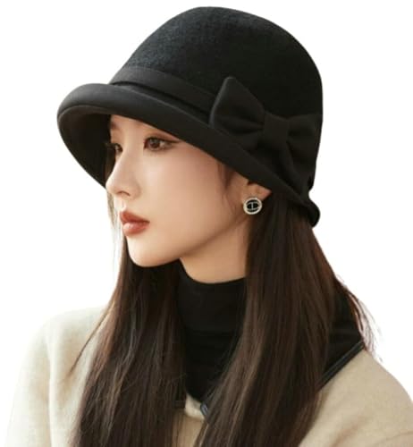 Classic Felt Fedora Hat for Women 2026 Fall Winter Soft Elegant Bow Bucket Hat Cozy Short Brim Cap 2026 - color: Black
