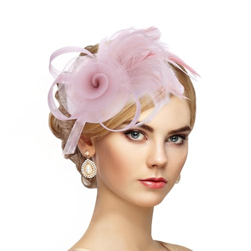 Zinniday Victorian Feather Fascinators Hats - 2025 Derby Attire Headwear with Hairpin,1920s Tea Party Hat for Woman - color: Pink