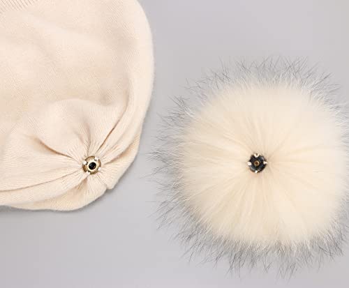 Women's Double Layer Winter Slouchy Knit Beanie Hat with Real Fur Pom Pom - color: Beige Pom