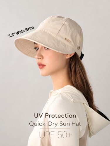 Women's Adjustable Ponytail Sun Hat, Wide Brim Summer Protection Cap - color: Beige