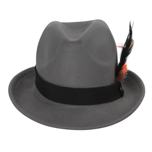 PURFUN Vintage Feather Felt Fedora Hat for Men Women Classic Short Brim Jazz Dance Party Wedding Trilby Bowler Panama Hat - color: Feather/Grey