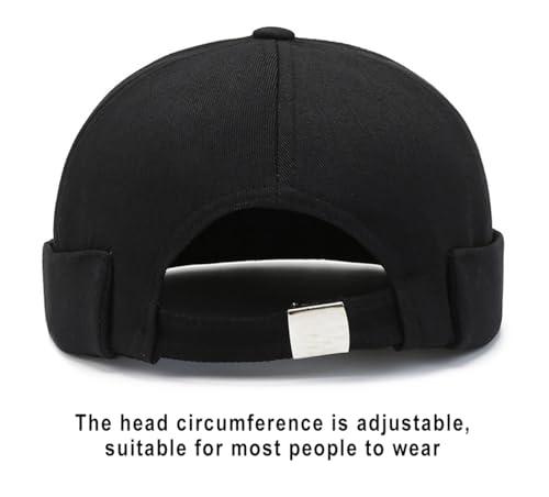Mens Docker Cap – Brimless Beanie Skull Cap Retro Rolled Cuff Adjustable Cotton - color: Black