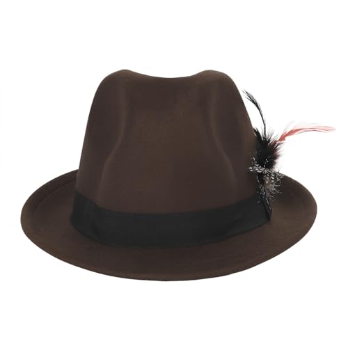 PURFUN Vintage Feather Felt Fedora Hat for Men Women Classic Short Brim Jazz Dance Party Wedding Trilby Bowler Panama Hat - color: Feather/Coffee