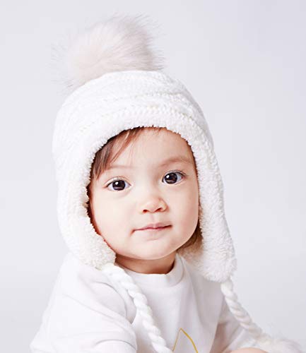 Home Prefer Girls Sherpa Earflaps Hat Toddler Baby Knit Beanie Fuzzy Peruvian Cold Weather Warm Winter Hat - color: Ivory, size: Large