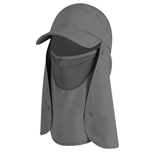 SUN CUBE Fishing Sun Hat with Neck Flap & Face Cover, Wide Brim UPF50+ Cap - color: Grey