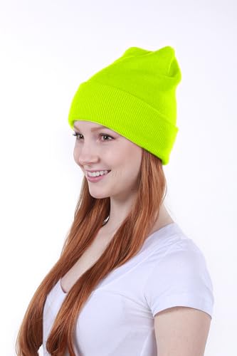 KBETHOS Made in USA Classic Men's Women's Cuffed Folded Acrylic Knit Beanie Hat Solid Unisex Cold - color: Neon Yellow Solid Long Beanie