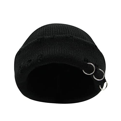 AIBEARTY Swag Short Fisherman Beanie for Men Women Rolled Cuff Beanie Skull Caps Wool Knit Winter Ski Hat with O Rings - color: Black