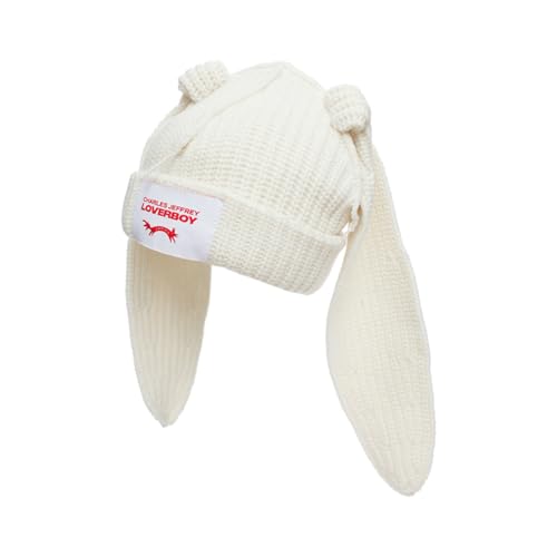 Knitted Beanie Hat Cute Rabbit Long Ears Fun Caps Fluffy Winter Warm Knitted Rabbit Hats Outdoor Slotty Cap - color: Whitew