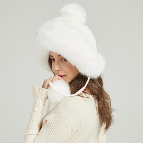 Winter Hats Cute Kint Hat Russian Fur Crochet Hat Slouchy Beanies with Pompom Warm Fuzzy Snow Cap Trapper Hat for Women - color: White