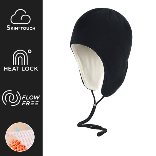 Mens Womens Warm Fleece Beanie Soft Winter Hat with Ear Flaps Windproof Ski Snow Cycling Skull Cap Helmet Liner - color: Black