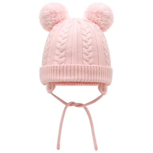 Duoyeree Toddler Winter Hat, Earflap Double Pom Pom Knit Beanie 0-36M - color: Poms-pink, size: 0-6 Months