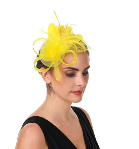 SAFERIN Women's Fascinators Feathers Tea Party Hat Veil Headband with Hair Clip for Cocktail Church - color: M-yellow
