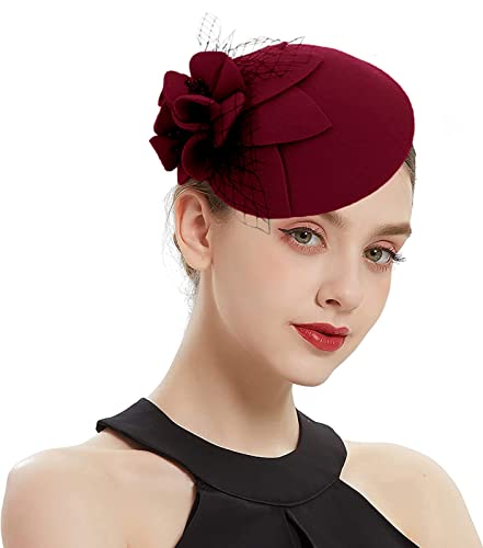 ORIDOOR British Style Pillbox Hat Women Church Wedding Winter Vintage Fascinator Beret 100% Wool Felt Hat with Veil - color: Wine