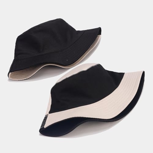 Quanhaigou Bucket Hat for Men Women,Packable Reversible Printed Sun Hats,Fisherman Outdoor Summer Travel Hiking Beach Caps - color: Black Beige
