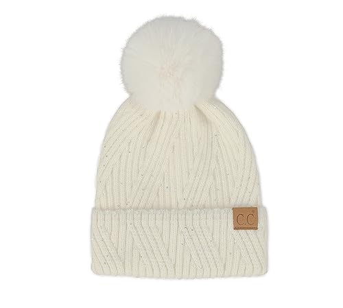 Funky Junque Women’s Pom Pom Beanie – Soft Knit Winter Hats for Women & Teens, Warm Fashionable Beanie with Faux Fur Poms - color: Ivory - Sequin