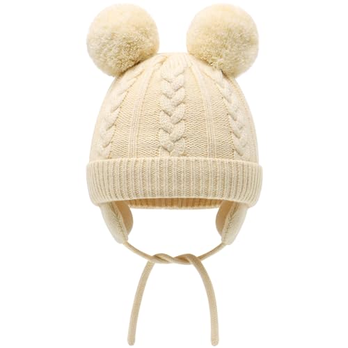 Duoyeree Toddler Winter Hat, Earflap Double Pom Pom Knit Beanie 0-36M - color: Off-white, size: 12-36 Months