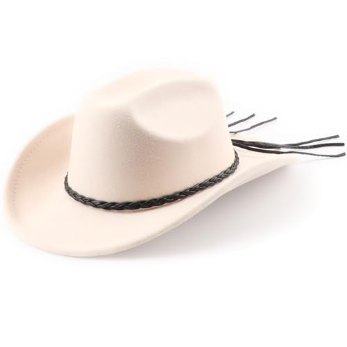 DRESHOW Western Cowboy Hat for Men Women Cowboy Cowgirl Hat Outdoor Wide Brim Retro Felt Fedora Hats Unisex Rolled up Caps - color: 1 Pack Style 8: Beige