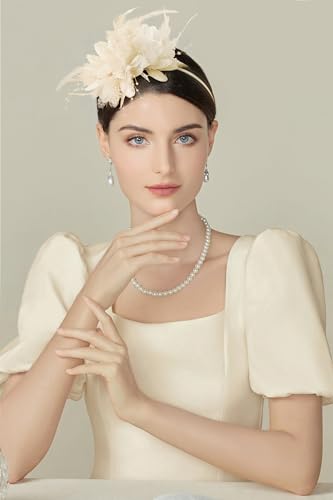 BABEYOND Flower Feather Beads Fascinator Headband for Women Derby Headpiece - color: Beige