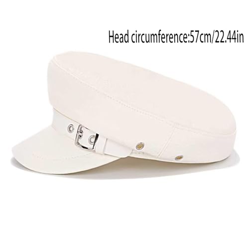 Women's Yacht Captain Sailor Hat, PU Material Newsboy Hat, Stylish Biker Hat, Baker Boy Hat, Peaked Beret - color: White Leather Belt Style