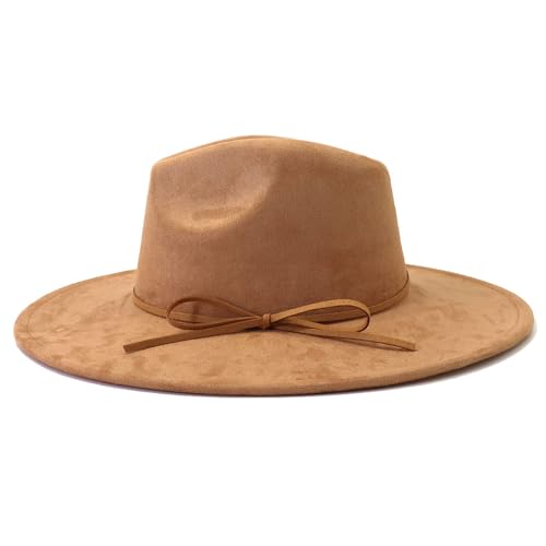 Fedora Hats for Women Man with Big Wide Brim Classic Suede Panama Hat Western Outdoor hat - color: Camel