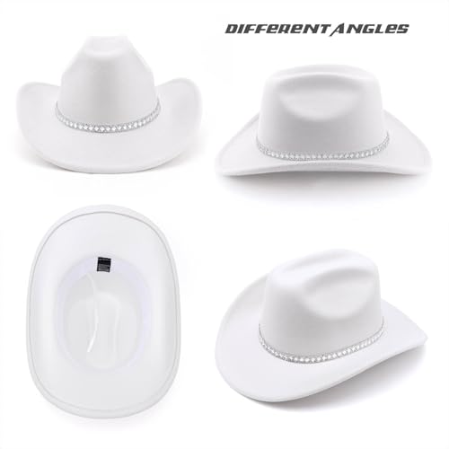 DRESHOW Western Cowboy Hat for Women and Men Wide Brim Glitter Cowboy Cowgirl Hat with Rhinestone Felt Fedora Hats - color: 1 Pack Style 10: White