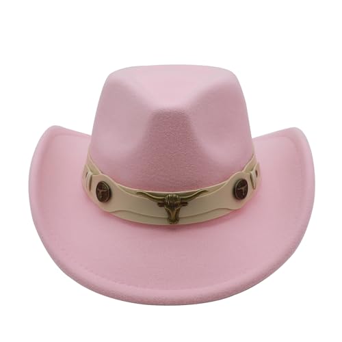 Western Cowboy Hat for Men Cowgirl Hat for Women Unisex Wide Brim Felt Fedora Hats Classic Cowboy Hats - color: Pink