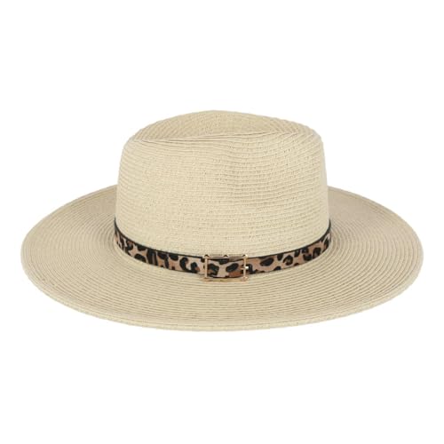 Karen Keith Women's Braided Toyo Fedora Sun Hat with Leopard Hat Band - color: Beige