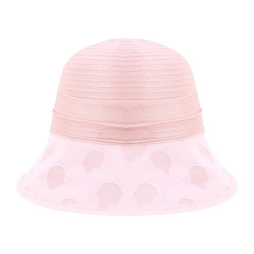 Haoohu Women's Church Derby Hat Wide Brim Bow Bucket Hat Wedding Dress Hat Fascinator Bridal Tea Party Hat - color: Tm Light Pink