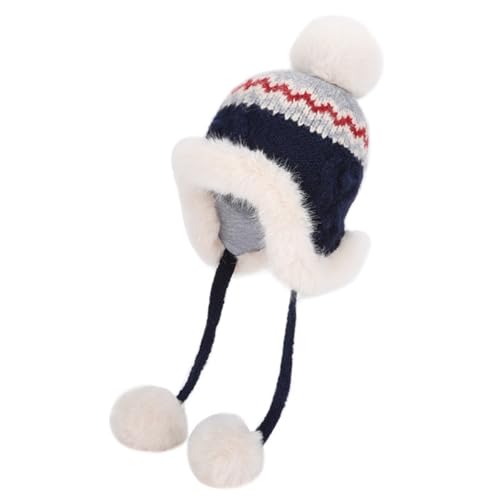 JIAHG Women Winter Warm Beanie Hat with Earflaps 3 Faux Fur Pompoms Peruvian Ski Cap Slouchy Jacquard Cable Knit Trapper Hat - color: Navy Blue