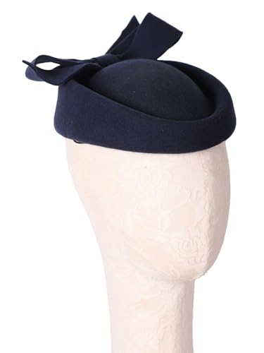 Wool Felt Vintage Fascinator Winter Women Elegant Pillbox Hat Bowknot Derby Church Hat Retro Fedoras - color: Navy Blue