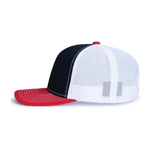 Pacific Headwear Contrast Stitch Trucker Snapback - color: Navy/White/Red