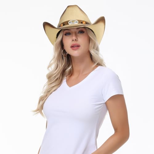 WQWOVRVO Cowboy Hat,Cowgirl Hat,Western Cowboy Hats for Women/Mens/Straw Wide with Shapeable Brim Cowboy Hat for Womens - color: Beige & Coffee Color B